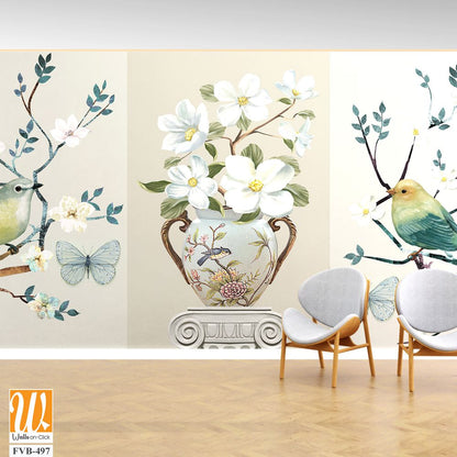 3-panel wall art of birds, vase and butterfly Wallpaper [WP-FVB-497]