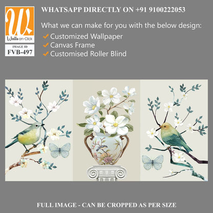 3-panel wall art of birds, vase and butterfly Wallpaper [WP-FVB-497]