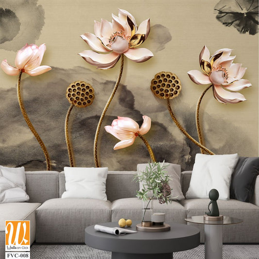 3D lotus flowers with gold accents Wallpaper [WP-FVC-008]