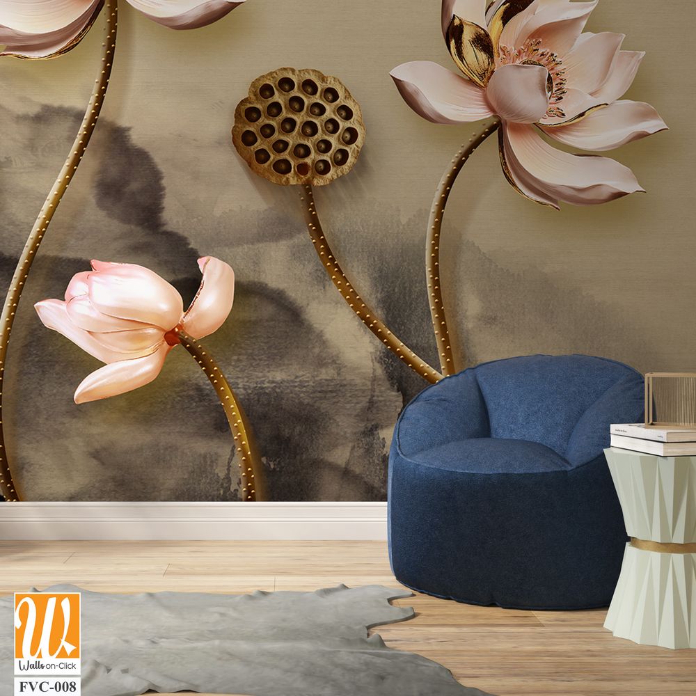 3D lotus flowers with gold accents Wallpaper [WP-FVC-008]