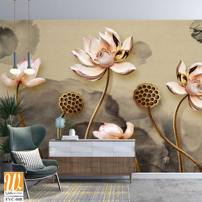 3D lotus flowers with gold accents Wallpaper [WP-FVC-008]