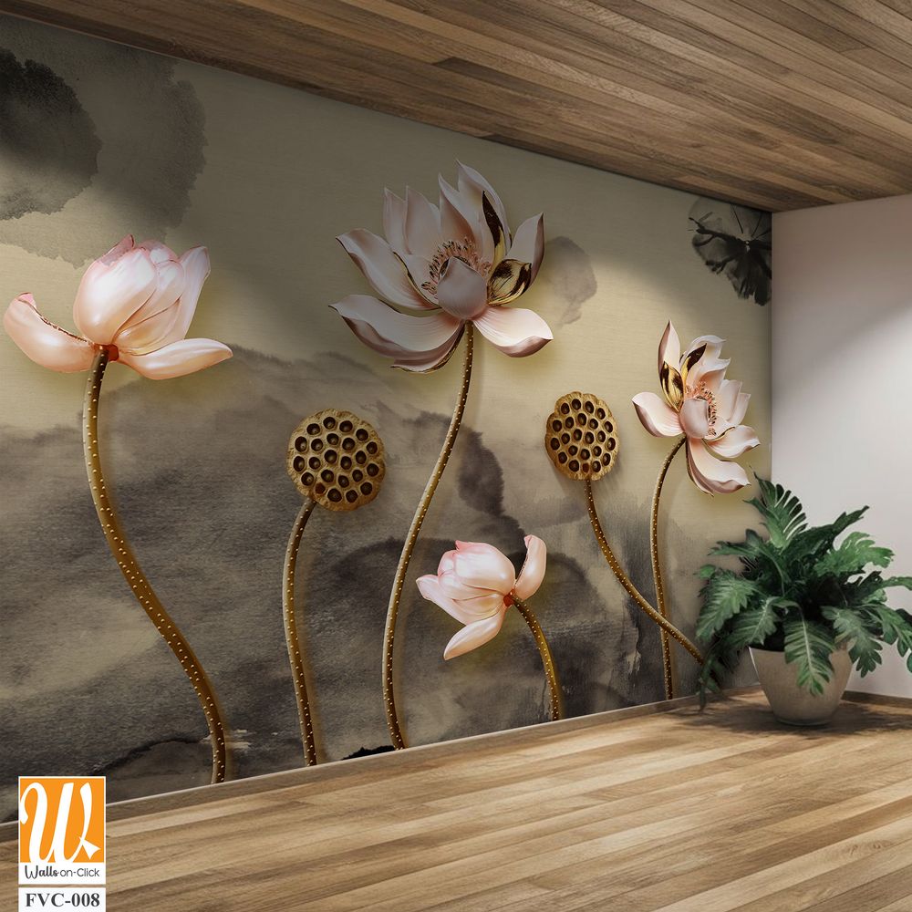 3D lotus flowers with gold accents Wallpaper [WP-FVC-008]