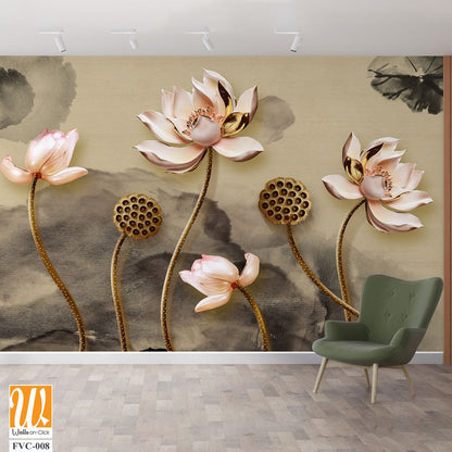 3D lotus flowers with gold accents Wallpaper [WP-FVC-008]