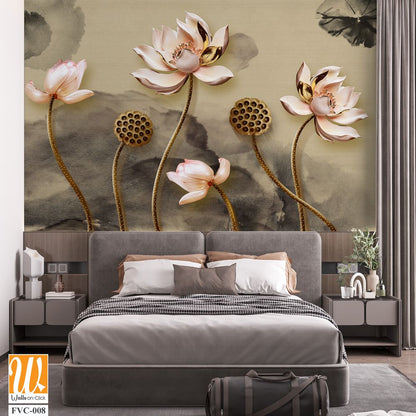 3D lotus flowers with gold accents Wallpaper [WP-FVC-008]