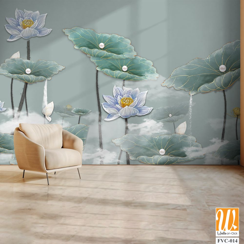 Lotus pond with large lotus leaves and flowers Wallpaper [WP-FVC-014]