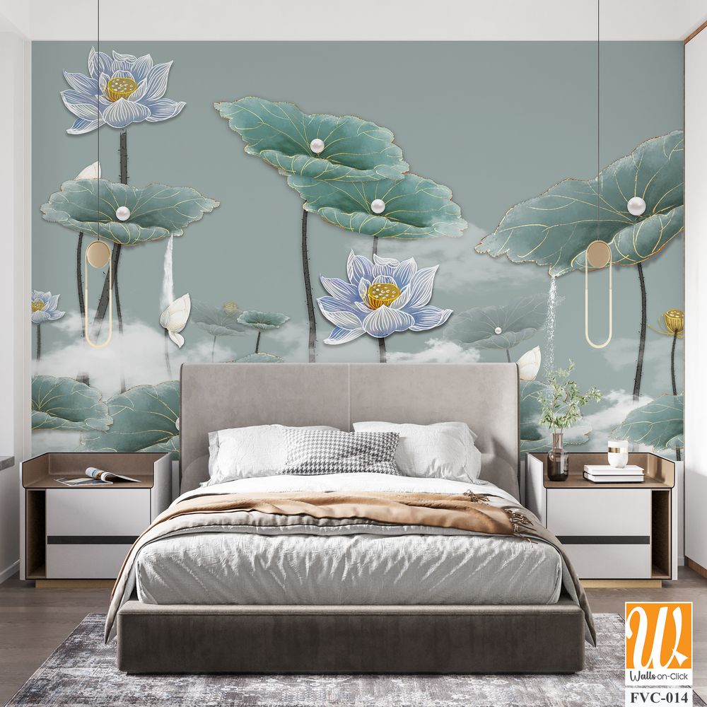 Lotus pond with large lotus leaves and flowers Wallpaper [WP-FVC-014]