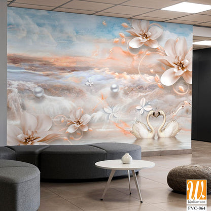 Fantasy view with swans and flowers Wallpaper [WP-FVC-064]