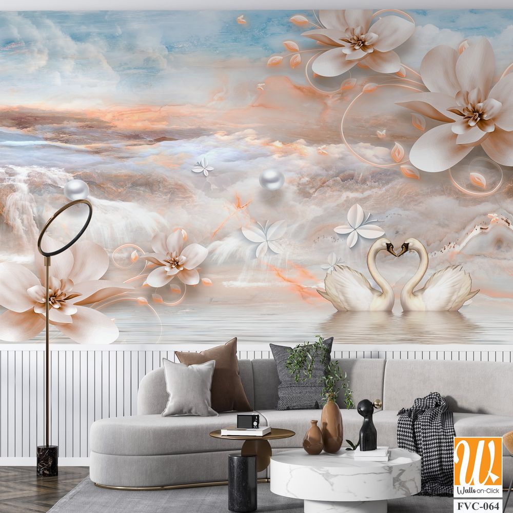 Fantasy view with swans and flowers Wallpaper [WP-FVC-064]