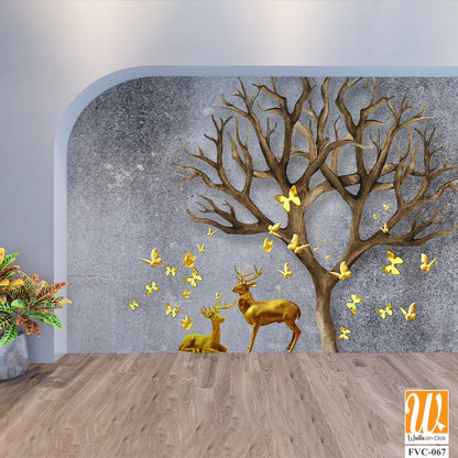 3D deer and tree with yellow butterflies Wallpaper [WP-FVC-067]