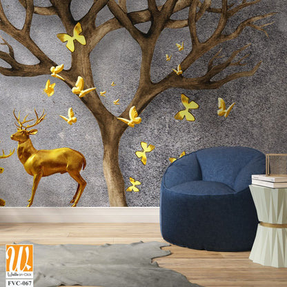 3D deer and tree with yellow butterflies Wallpaper [WP-FVC-067]