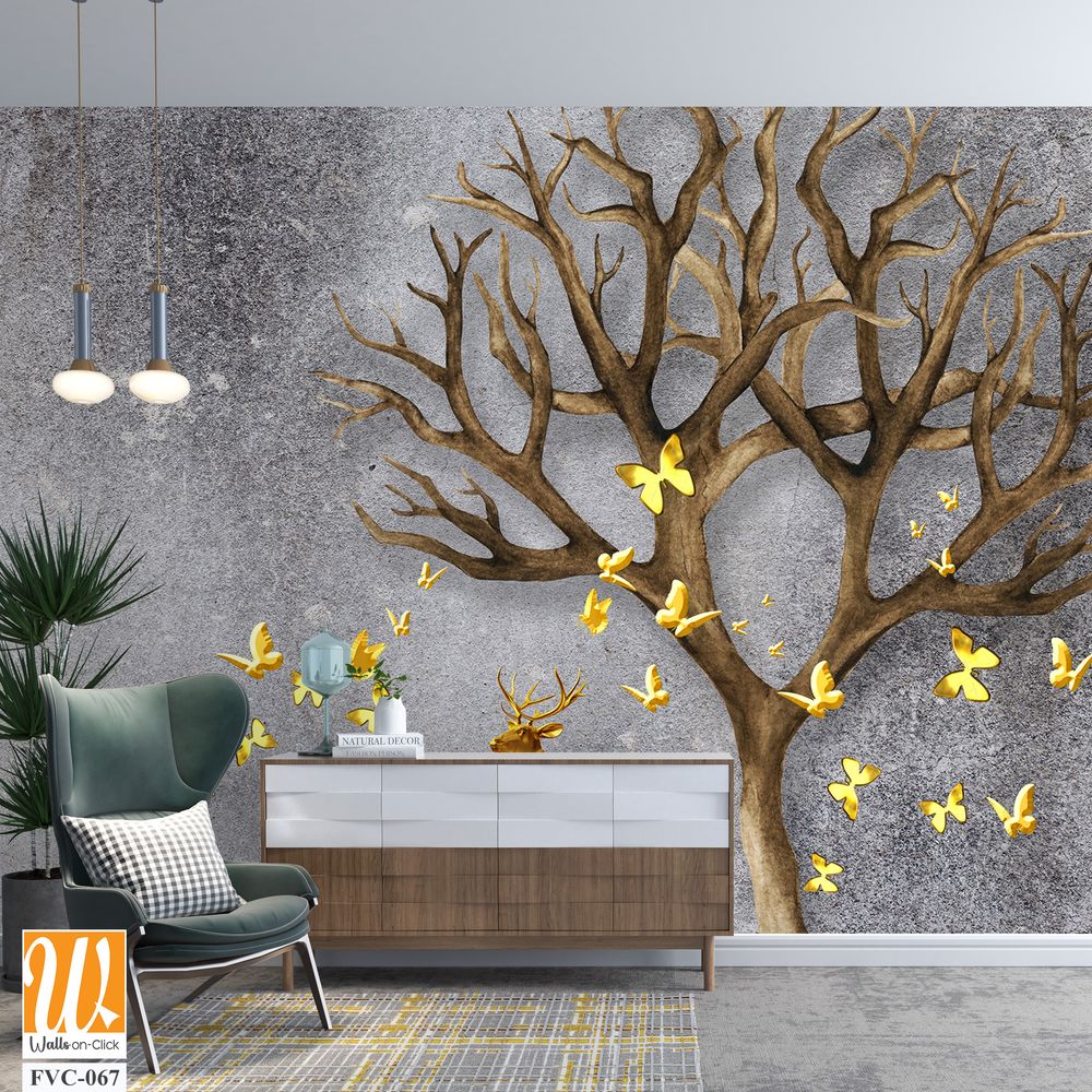 3D deer and tree with yellow butterflies Wallpaper [WP-FVC-067]