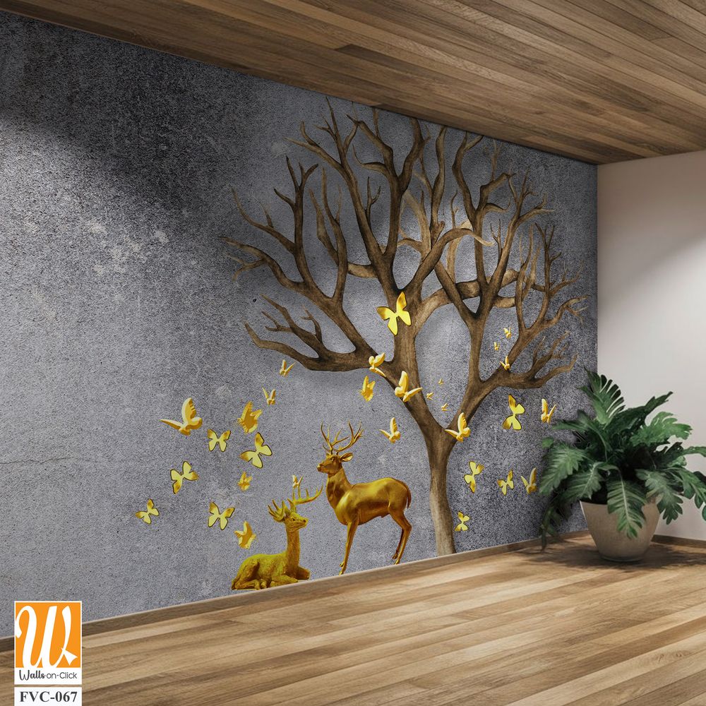 3D deer and tree with yellow butterflies Wallpaper [WP-FVC-067]