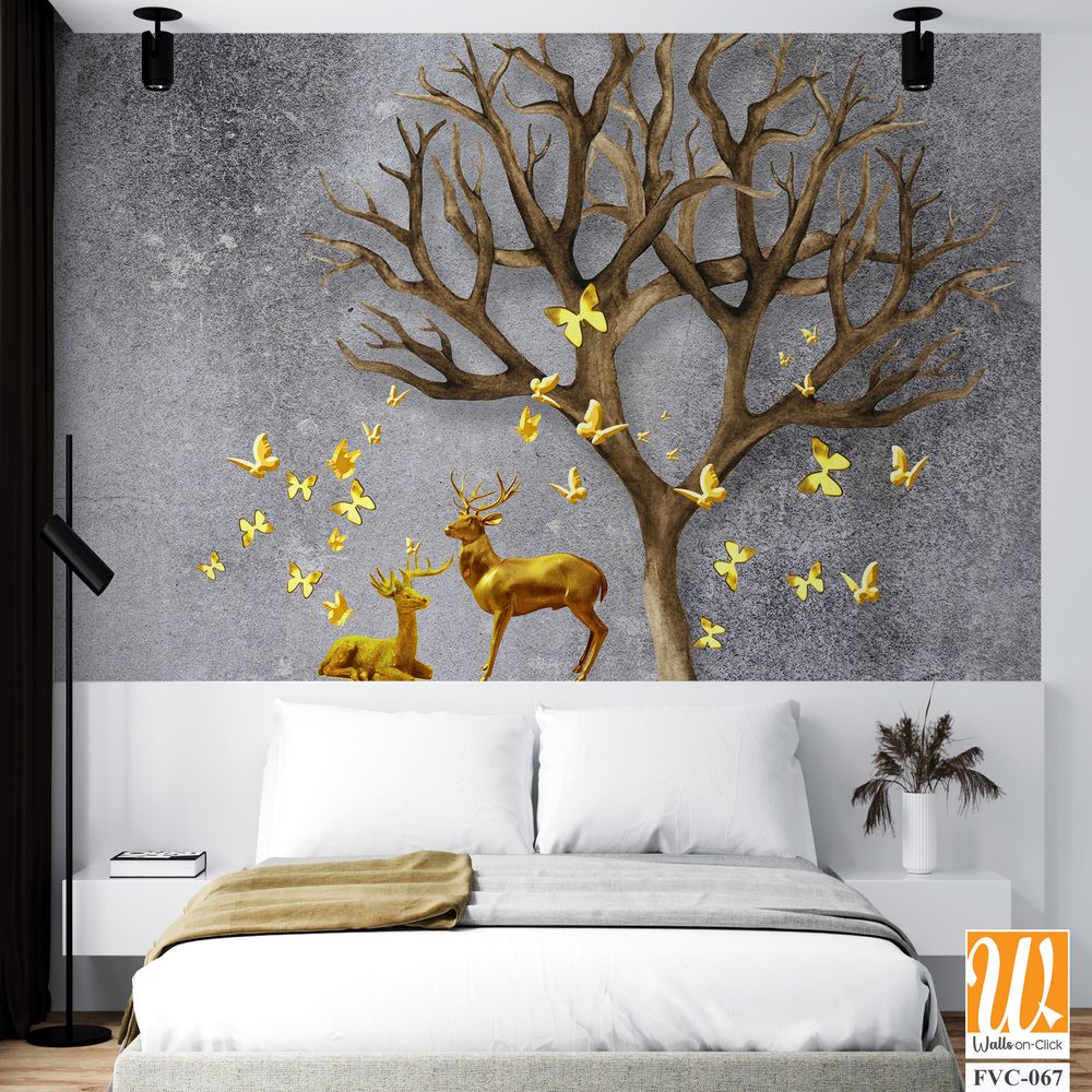 3D deer and tree with yellow butterflies Wallpaper [WP-FVC-067]