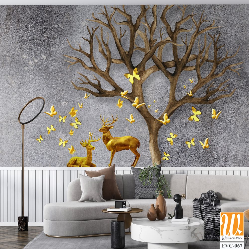 3D deer and tree with yellow butterflies Wallpaper [WP-FVC-067]