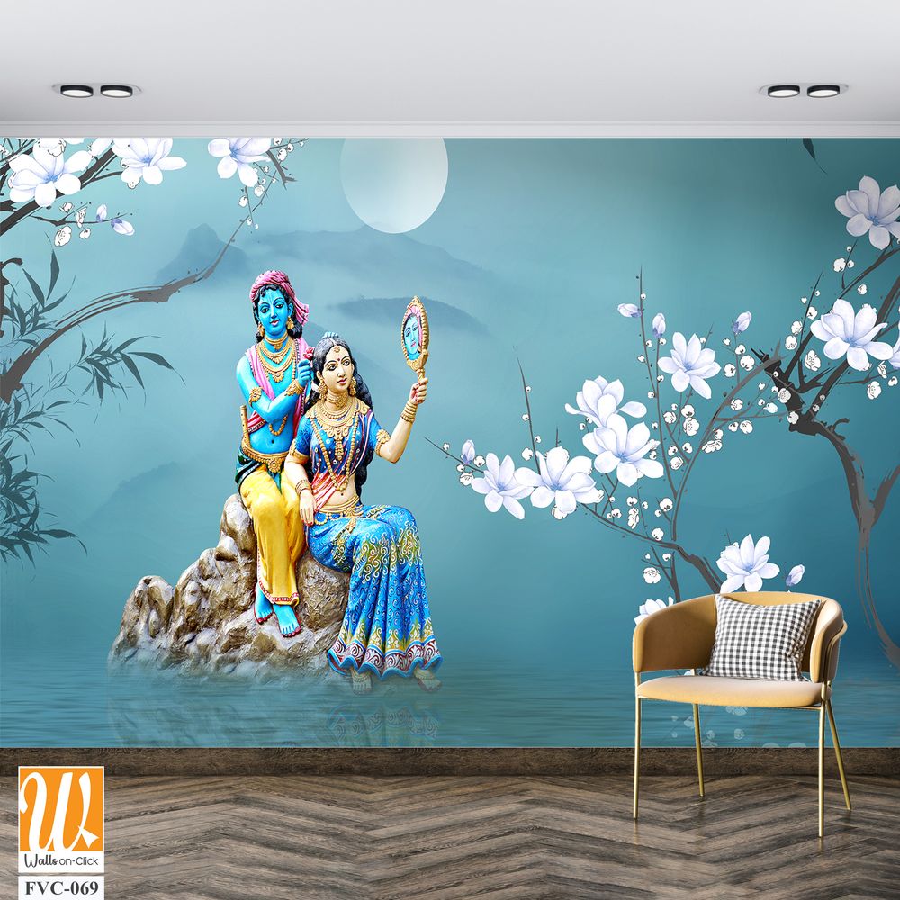 Lord Krishna with beautiful Radha on the stone in water Wallpaper [WP-FVC-069]