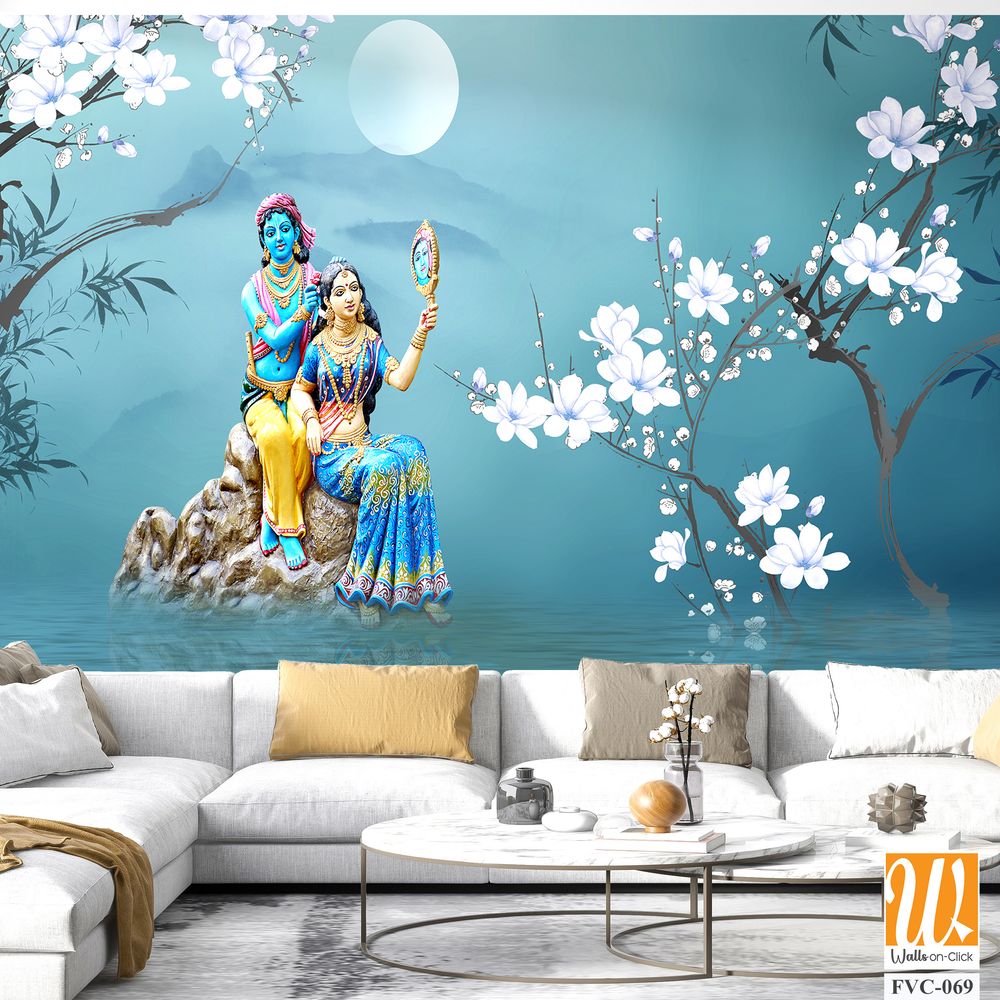 Lord Krishna with beautiful Radha on the stone in water Wallpaper [WP-FVC-069]