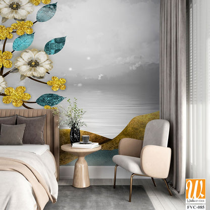 3D golden trees with yellow flowers, blue leaves Wallpaper [WP-FVC-085]