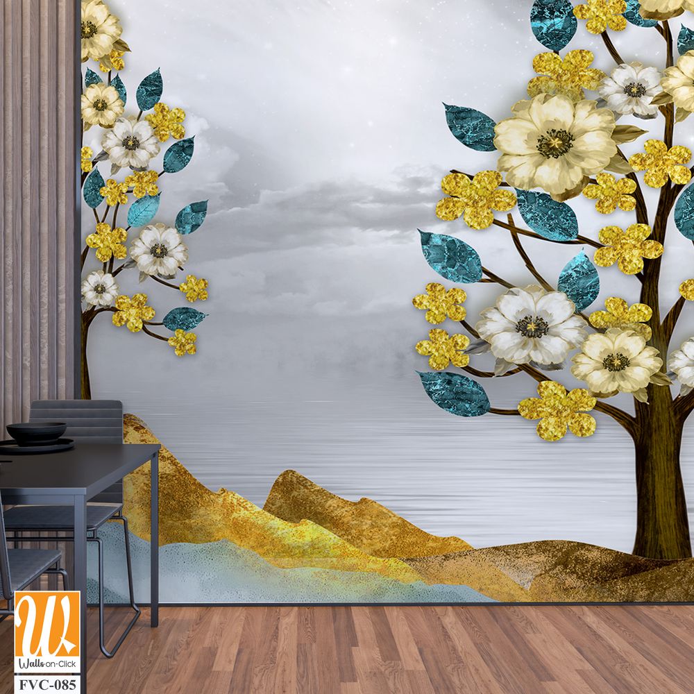 3D golden trees with yellow flowers, blue leaves Wallpaper [WP-FVC-085]