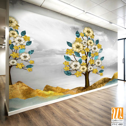 3D golden trees with yellow flowers, blue leaves Wallpaper [WP-FVC-085]