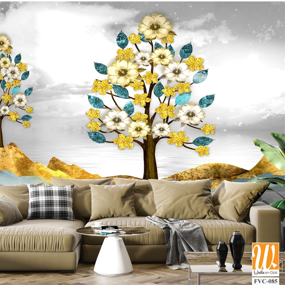 3D golden trees with yellow flowers, blue leaves Wallpaper [WP-FVC-085]