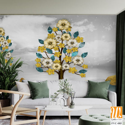 3D golden trees with yellow flowers, blue leaves Wallpaper [WP-FVC-085]