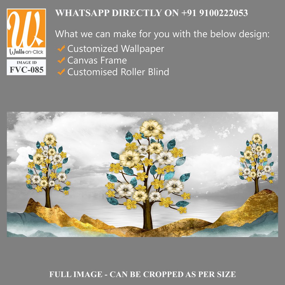 3D golden trees with yellow flowers, blue leaves Wallpaper [WP-FVC-085]