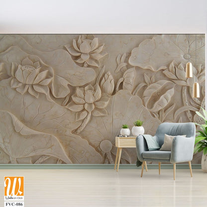 Carving of lotus flowers and leaves on cream marble Wallpaper [WP-FVC-086]