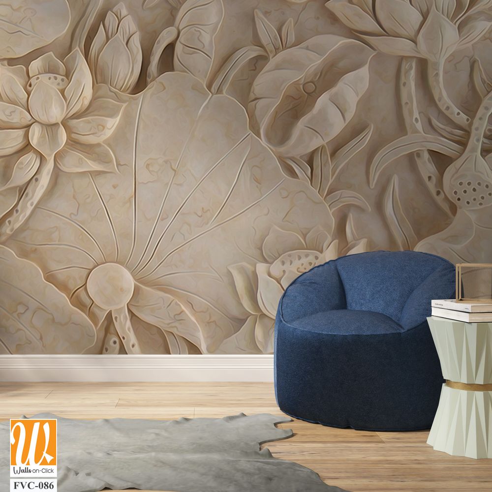 Carving of lotus flowers and leaves on cream marble Wallpaper [WP-FVC-086]