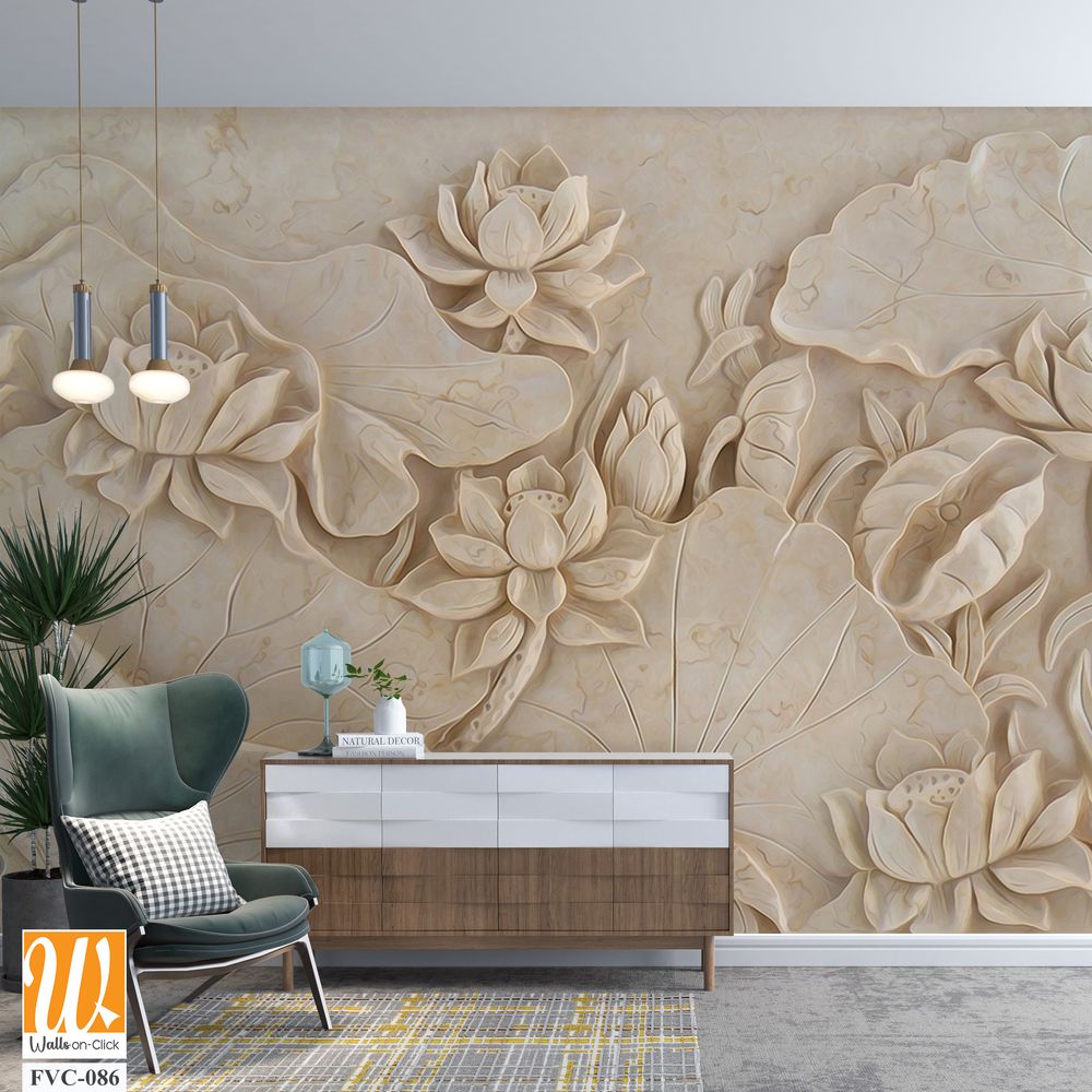 Carving of lotus flowers and leaves on cream marble Wallpaper [WP-FVC-086]