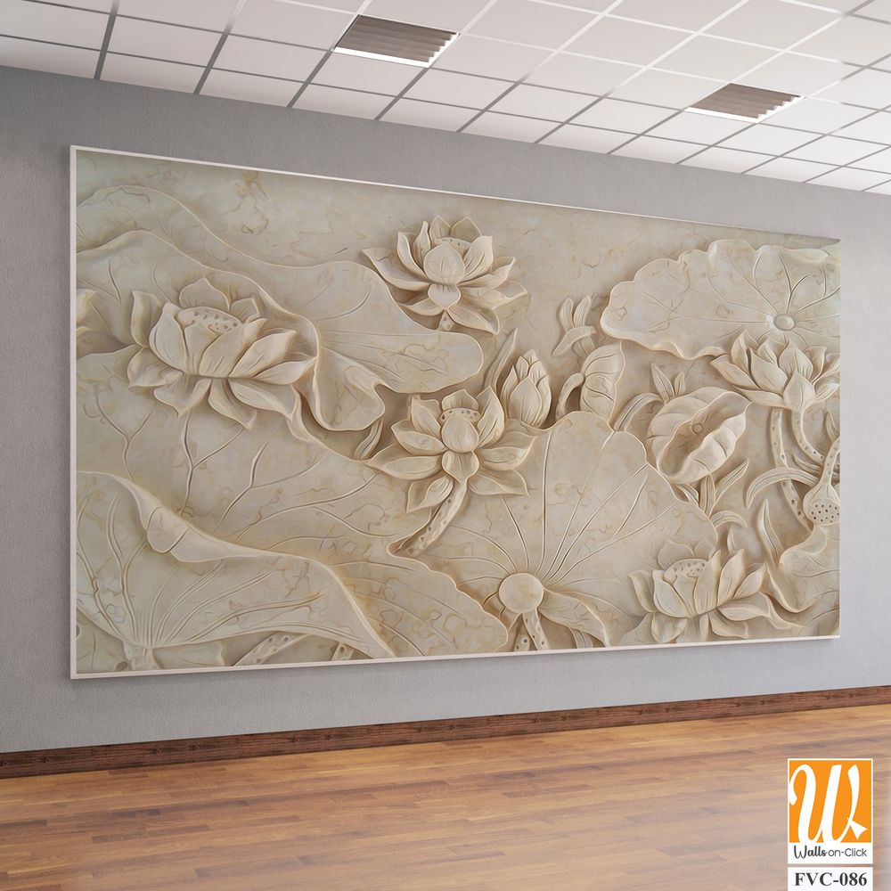 Carving of lotus flowers and leaves on cream marble Wallpaper [WP-FVC-086]