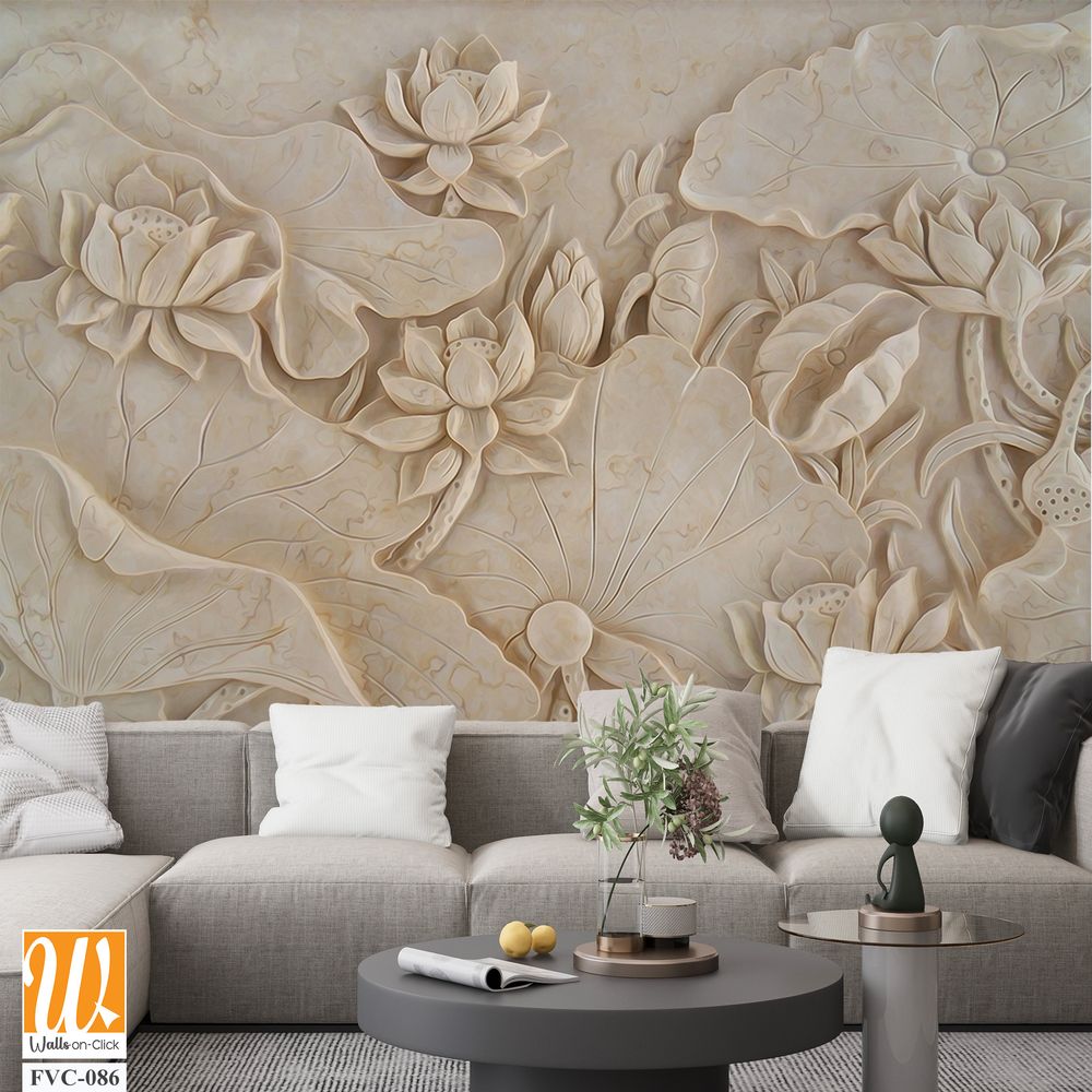 Carving of lotus flowers and leaves on cream marble Wallpaper [WP-FVC-086]