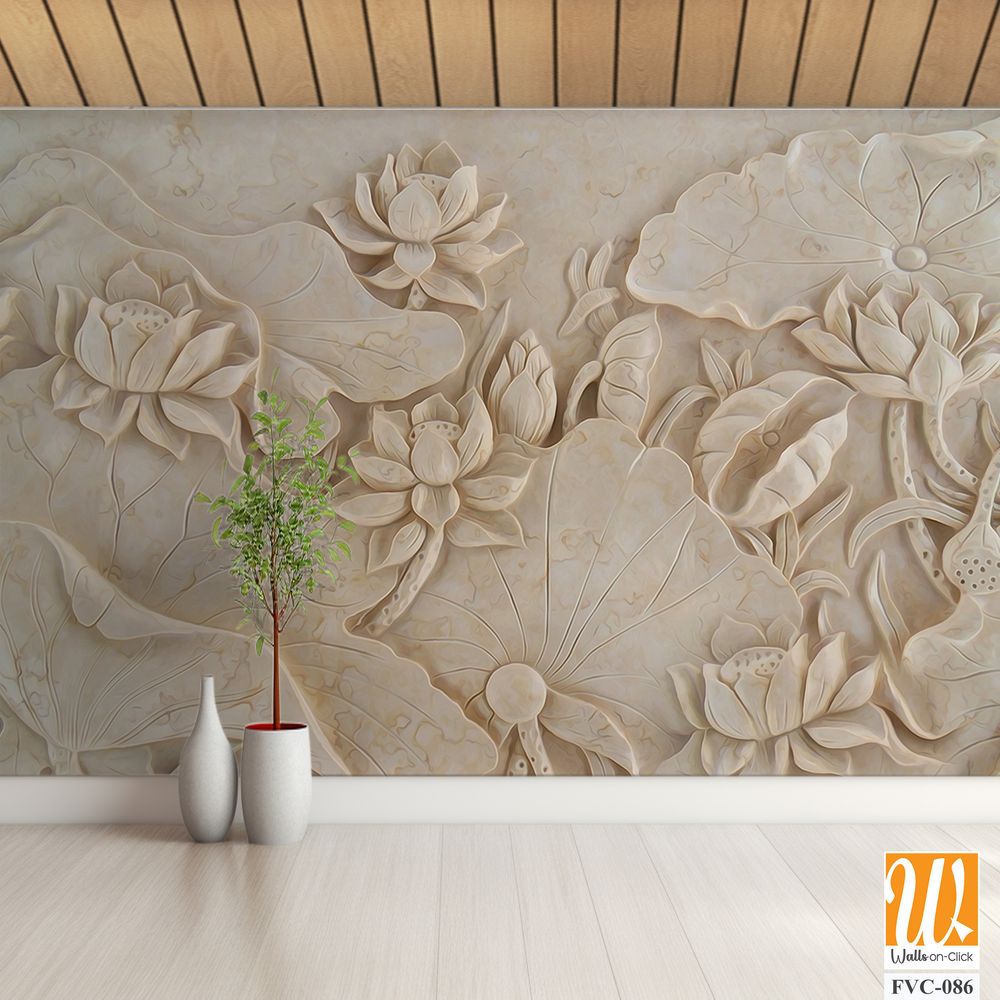 Carving of lotus flowers and leaves on cream marble Wallpaper [WP-FVC-086]