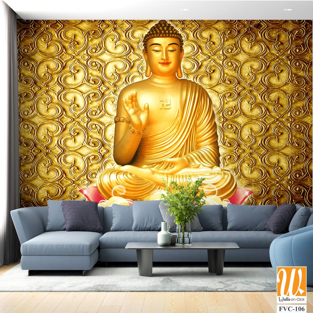 Golden Buddha with a golden patterned background Wallpaper [WP-FVC-106]