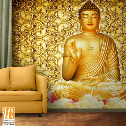 Golden Buddha with a golden patterned background Wallpaper [WP-FVC-106]