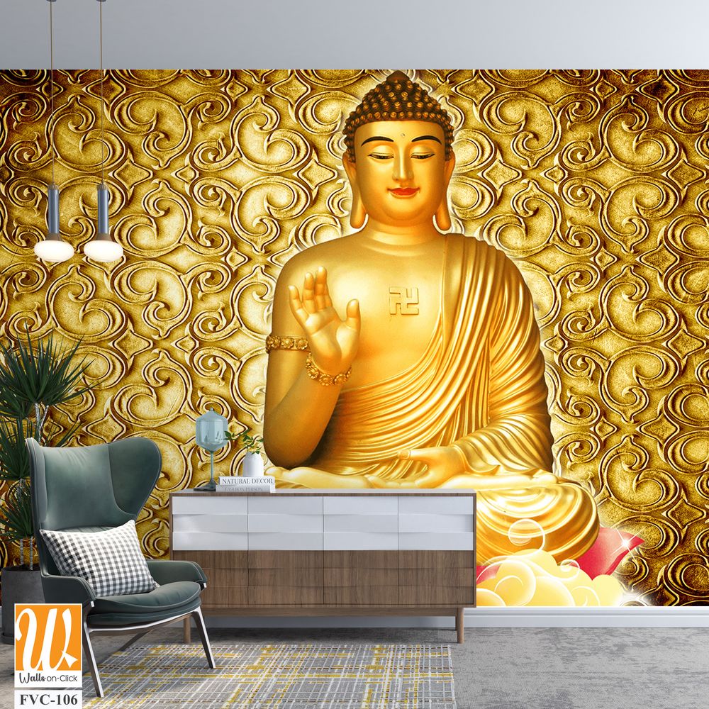 Golden Buddha with a golden patterned background Wallpaper [WP-FVC-106]