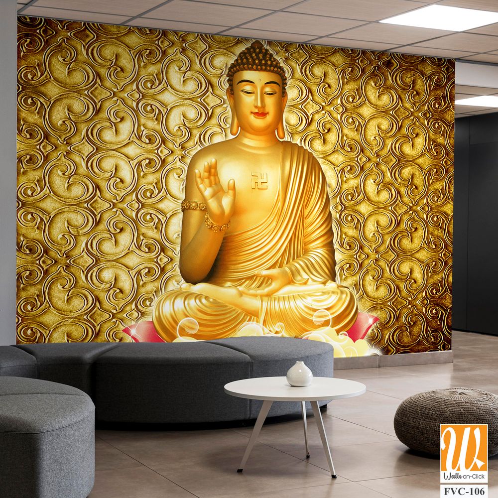 Golden Buddha with a golden patterned background Wallpaper [WP-FVC-106]