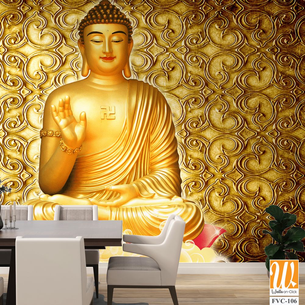 Golden Buddha with a golden patterned background Wallpaper [WP-FVC-106]