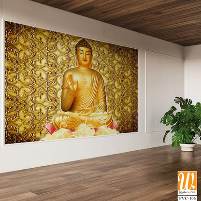 Golden Buddha with a golden patterned background Wallpaper [WP-FVC-106]