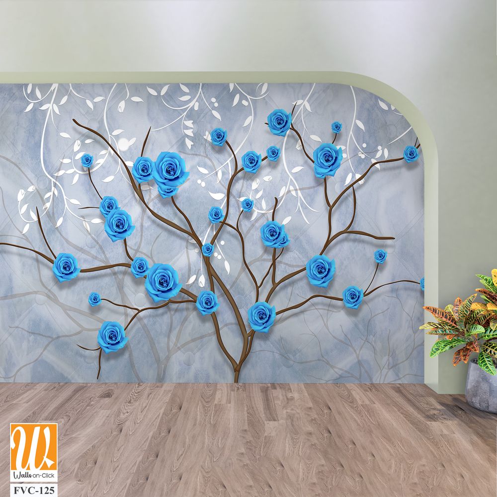 3D wall art design of blue roses on tree branches Wallpaper [WP-FVC-125]