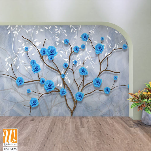 3D wall art design of blue roses on tree branches Wallpaper [WP-FVC-125]