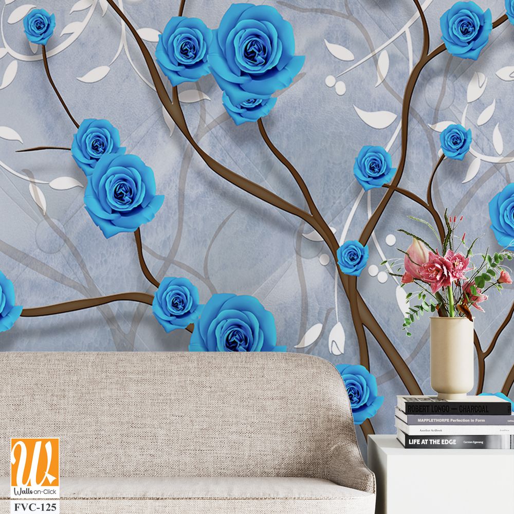 3D wall art design of blue roses on tree branches Wallpaper [WP-FVC-125]