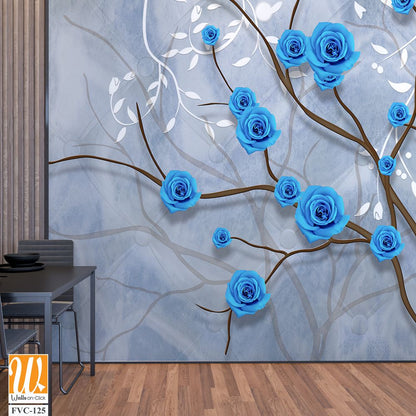 3D wall art design of blue roses on tree branches Wallpaper [WP-FVC-125]