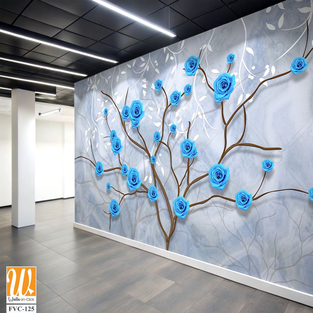 3D wall art design of blue roses on tree branches Wallpaper [WP-FVC-125]