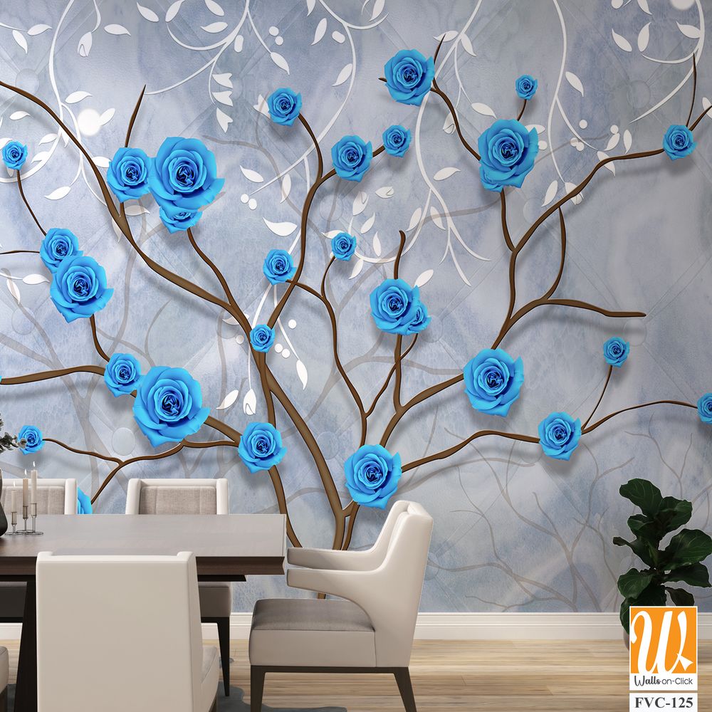 3D wall art design of blue roses on tree branches Wallpaper [WP-FVC-125]