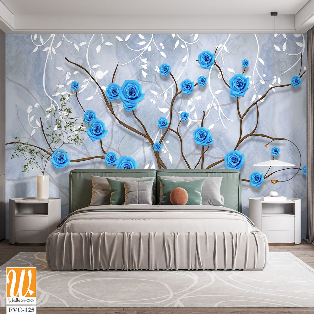 3D wall art design of blue roses on tree branches Wallpaper [WP-FVC-125]