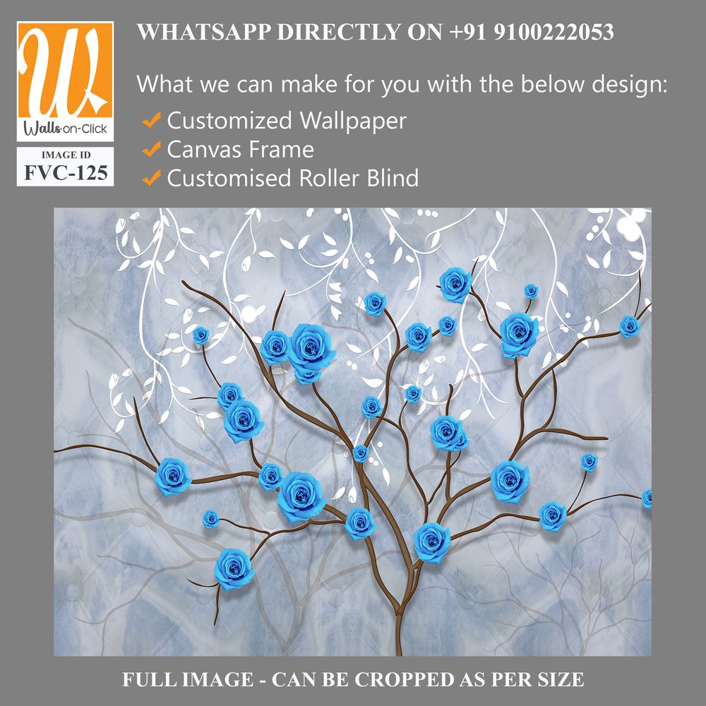 3D wall art design of blue roses on tree branches Wallpaper [WP-FVC-125]