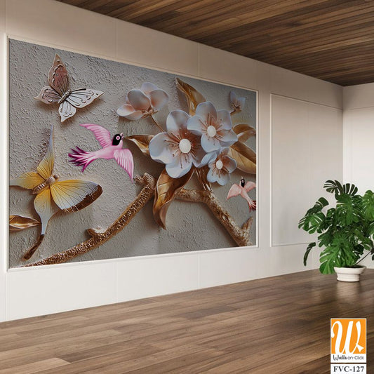 3D sculpture of flowers and birds Wallpaper [WP-FVC-127]