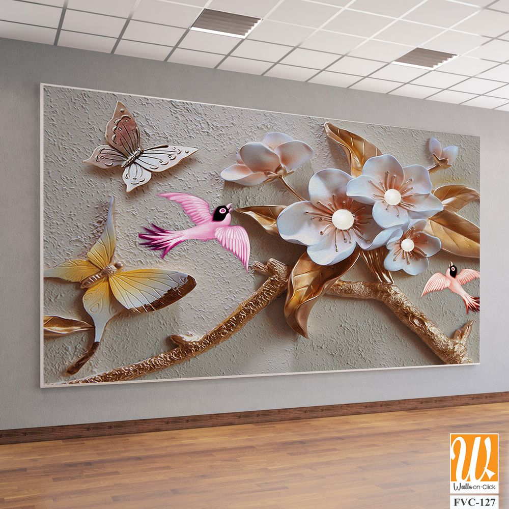 3D sculpture of flowers and birds Wallpaper [WP-FVC-127]