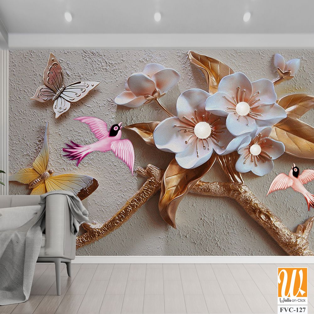 3D sculpture of flowers and birds Wallpaper [WP-FVC-127]