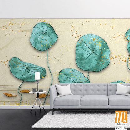 Watercolor painting of teal lotus leaves and goldfish Wallpaper [WP-FVC-128]